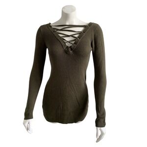 Justfab Ribbed Lace Up V-Neck Bodycon Sweater Dress Olive Green S Excellent